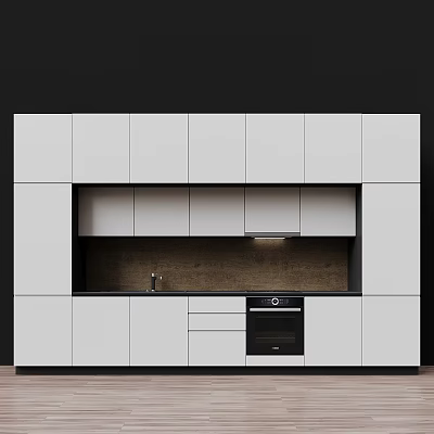 Modern White Kitchen Cabinets With Dark Countertop And Built In Oven 3d model