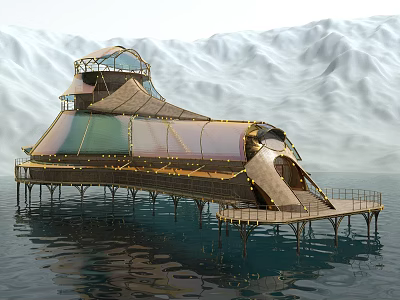 Futuristic Floating Architecture Unique Design With Transparent Structure And Mountain Waterfront 3d model