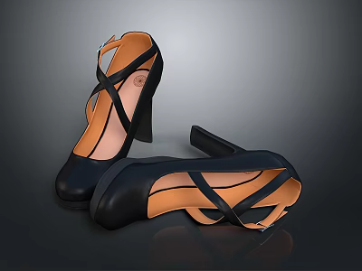 Stylish Black High Heels With Crisscross Straps And Orange Inner Lining 3d model