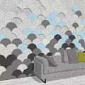 Scalloped Pattern Feature Wall in Gray White Light Blue with Sofa and Gray Yellow Pillows 3d model