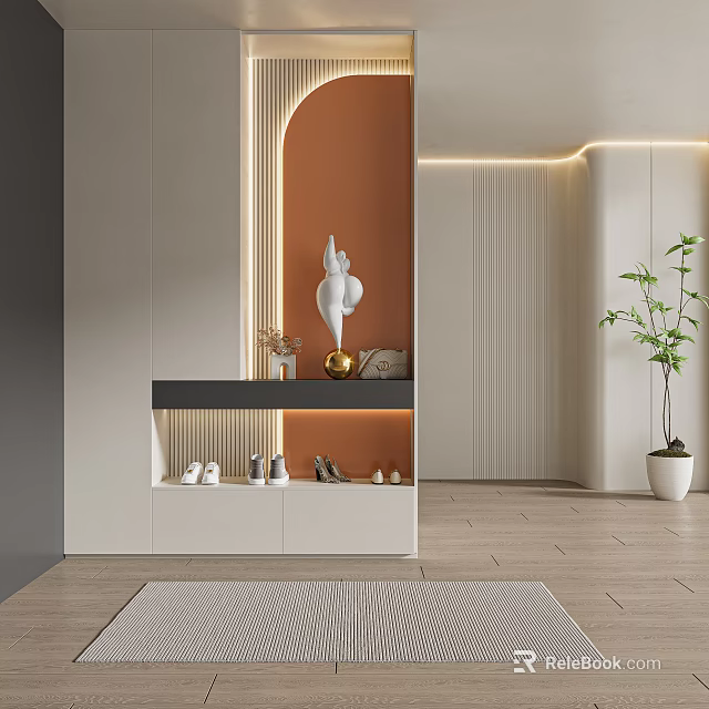Modern Shoe Cabinet with Decorative Sculptures Vases Potted Plant Orange Wall LED Strip Lighting 3d model 