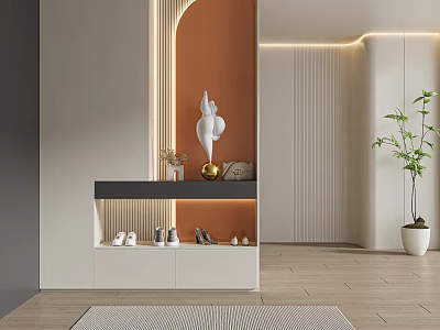 Modern Shoe Cabinet with Decorative Sculptures Vases Potted Plant Orange Wall LED Strip Lighting 3d model