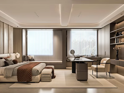Modern Bedroom Interior Design With Large Bed Window Bench Desk Chair And Bookshelf 3d model
