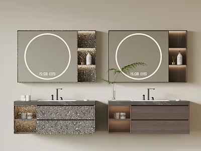 Modern Bathroom Cabinet With Double Vanity Round Illuminated Mirrors And Marble Countertops 3d model