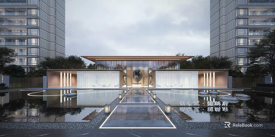 Modern Luxury Sales Office Building Featuring Symmetric Glass Curtain Wall and Reflective Water Pool Lighting 3d model