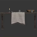 Rustic Wooden Dining Table With Table Runner Candle Plates Cups And Fruit Bowl