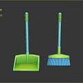 Green Dustpan and Blue Brush with Yellow Top Handles for Home Cleaning Tools