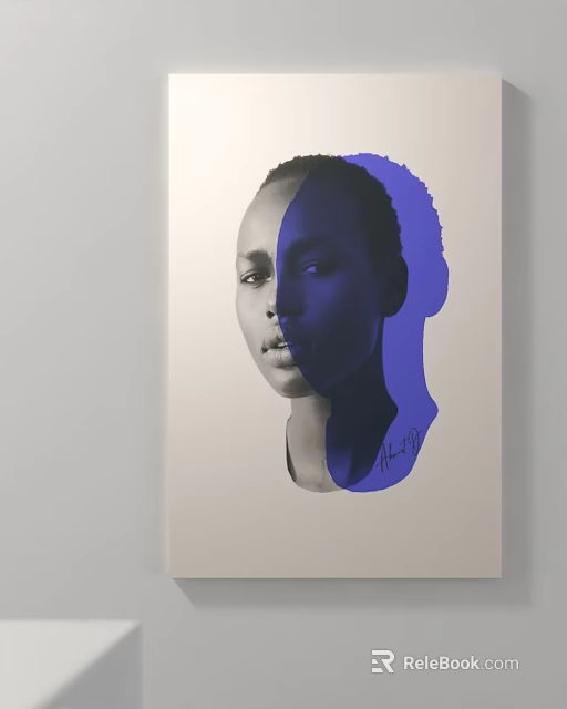 Split Half Head Portrait Painting with Realistic Face and Blue Silhouette Signature 3d model 