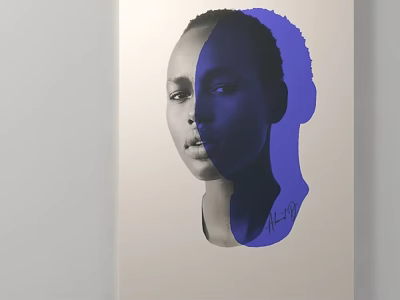 Split Half Head Portrait Painting with Realistic Face and Blue Silhouette Signature 3d model