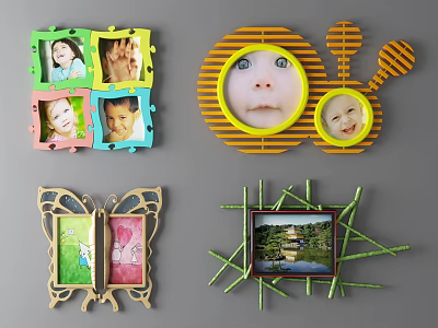 Creative Photo Wall With Puzzle Circular Butterfly Shaped Bamboo Frames And Children Scenery 3d model