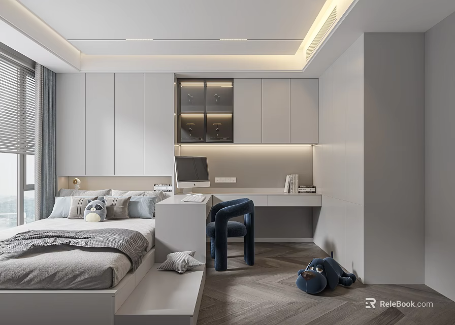 Modern Tatami Bedroom Interior Design With Platform Bed Desk Chair And Storage Cabinets 3d model 