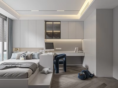 Modern Tatami Bedroom Interior Design With Platform Bed Desk Chair And Storage Cabinets 3d model
