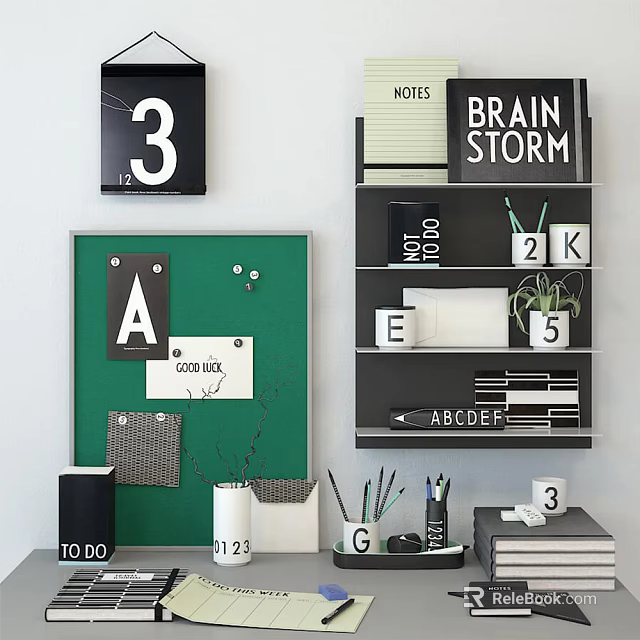 Green Corkboard With Letters And To Do List Near Brain Storm Shelf With Stationery 3d model 