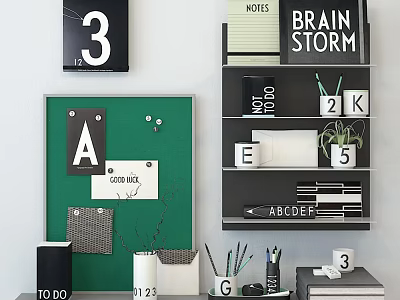 Green Corkboard With Letters And To Do List Near Brain Storm Shelf With Stationery 3d model