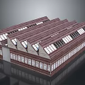 Industrial Style Building With Sloped Roofs Skylights Red Brick Exterior And Windows