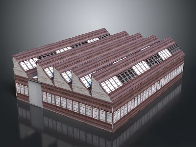 Industrial Style Building With Sloped Roofs Skylights Red Brick Exterior And Windows 3d model