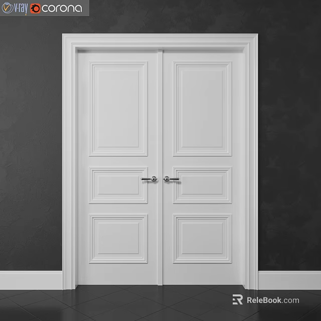 White Double Hinged Doors With Panel Design And Metal Handles On Dark Wall 3d model 