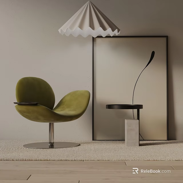 Green Velvet Leisure Chair with Metal Base and Black Side Table on Light Carpet 3d model 