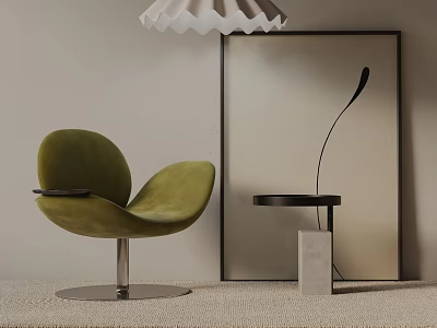 Green Velvet Leisure Chair with Metal Base and Black Side Table on Light Carpet 3d model
