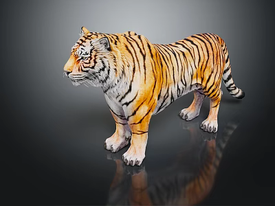 Realistic Reptile Figurine With Orange Black Striped Pattern Standing On Reflective Surface 3d model