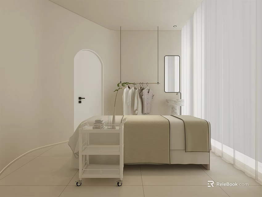 Minimalist SPA Sauna Room Interior With Massage Bed White Walls And Sheer Curtains 3d model 