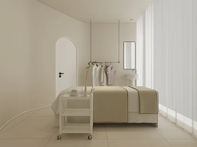 Minimalist SPA Sauna Room Interior With Massage Bed White Walls And Sheer Curtains 3d model