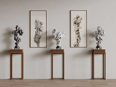 Modern Interior Featuring Wooden Pedestals With Stone Sculptures And Decorative Paintings 3d model