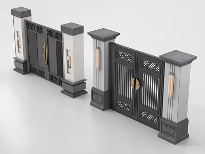 Traditional Chinese Style Gate With Black Doors Gray Pillars Carved Patterns Decorative Lanterns And Round Knockers 3d model