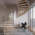 Modern Spiral Staircase with Wooden Treads Glass Railing in Bright Interior and Green Chair