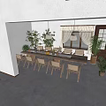Rustic Restaurant Interior Featuring Wooden Long Table Log Stools Straw Chandelier And White Curtains
