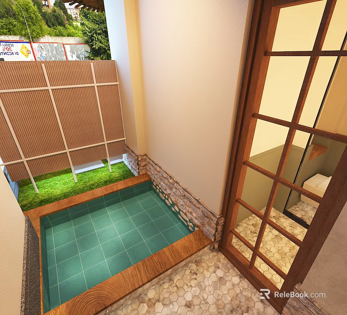 Homestay Guest Room Courtyard With Green Plants Wooden Lattice And Tile Floor Design 3d model 