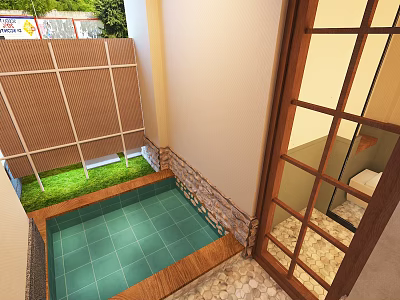 Homestay Guest Room Courtyard With Green Plants Wooden Lattice And Tile Floor Design 3d model