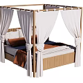 Modern Four Poster Double Bed With Wooden Frame And White Curtains