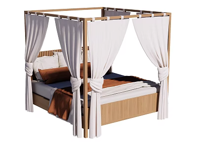 Modern Four Poster Double Bed With Wooden Frame And White Curtains 3d model