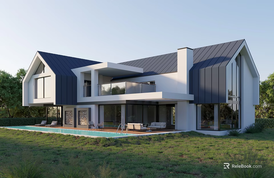 Modern Detached Villa With Gray Roof White Exterior Large Windows And Swimming Pool 3d model 
