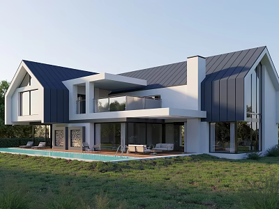 Modern Detached Villa With Gray Roof White Exterior Large Windows And Swimming Pool 3d model