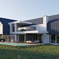 Modern Detached Villa With Gray Roof White Exterior Large Windows And Swimming Pool