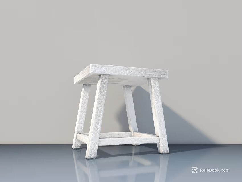 White Wooden Stool in Minimalist Style with Square Seat against Gray Wall and Blue Floor 3d model 
