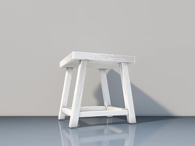 White Wooden Stool in Minimalist Style with Square Seat against Gray Wall and Blue Floor 3d model