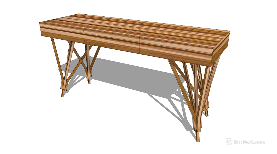 Sturdy Wooden Functional Table With Cross Legs And Slatted Desktop Design 3d model 