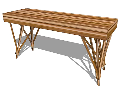 Sturdy Wooden Functional Table With Cross Legs And Slatted Desktop Design 3d model