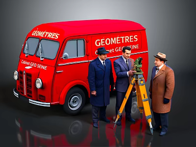 Red Geometres Truck With Surveying Equipment And Men In Coats 3d model