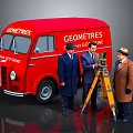 Red Geometres Truck With Surveying Equipment And Men In Coats