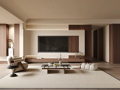 Modern Living Room Interior With Wooden TV Wall Sofa Coffee Table And Carpet 3d model