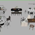 Modern Dining Table Set With Various Shapes Marble Tops Chairs And Hanging Lights