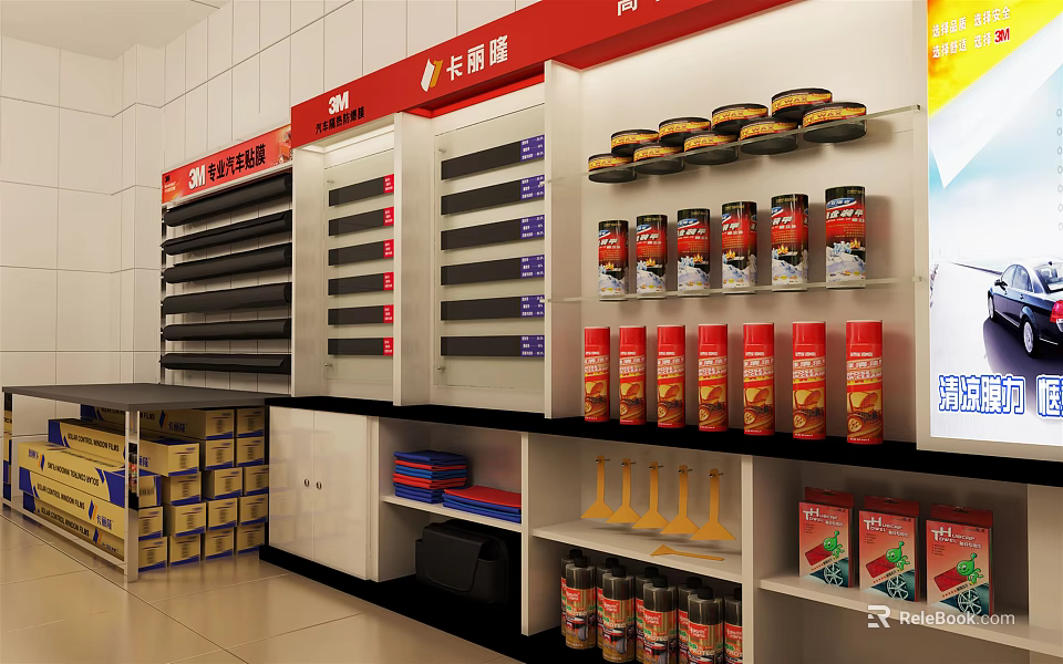 Red And White Retail Display Shelves With Cans Bottles And Multi Tier Storage 3d model 