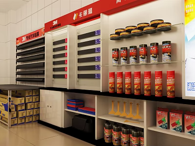 Red And White Retail Display Shelves With Cans Bottles And Multi Tier Storage 3d model
