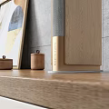 Modern Wooden Speaker Placed on Wooden Countertop with Gray Tile Wall and Decorative Jars