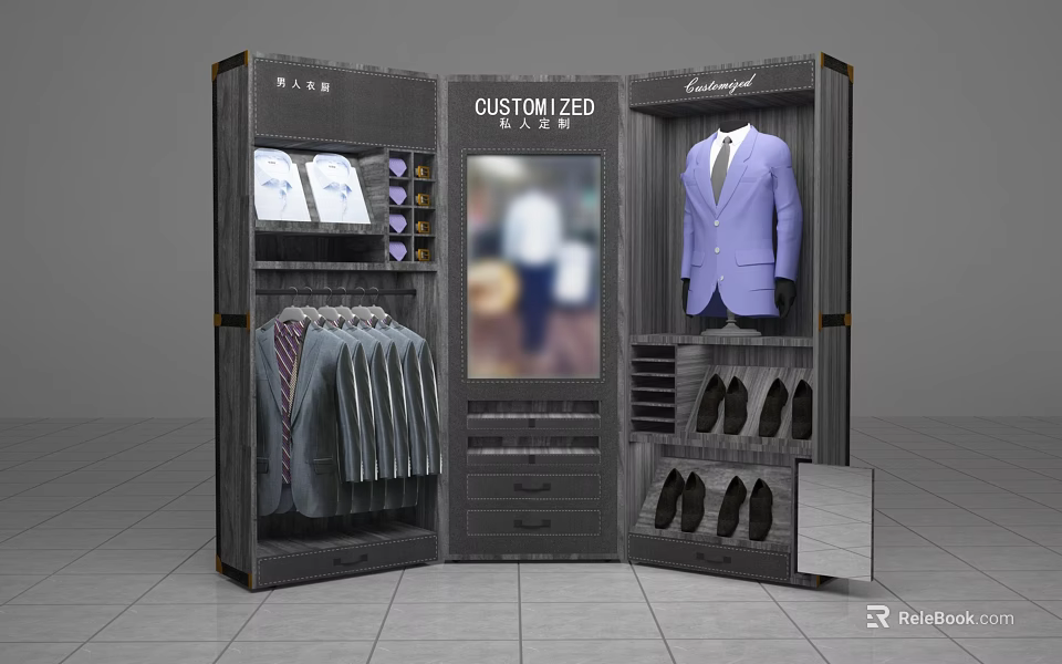 Customized Men's Clothing Store with Suits Shirts Ties and Shoes 3d model 