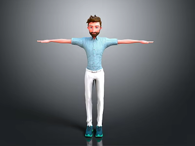 3D Male Character Model In Light Blue Shirt White Pants Green Shoes And Arms Outstretched 3d model